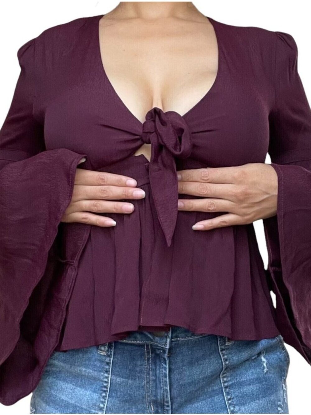 Anthropologie The impeccable Pig Ruffle Blouse Size S Purple Bell Sleeve V-Neck